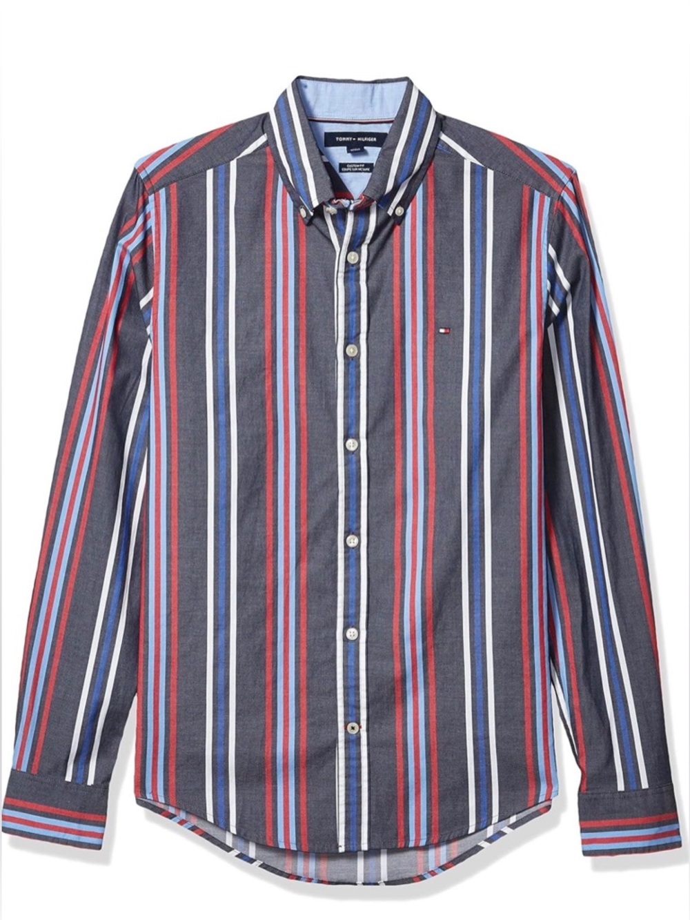 Tommy Hilfiger Men's Navy Striped Button-Down Shirt with Red & White Accents